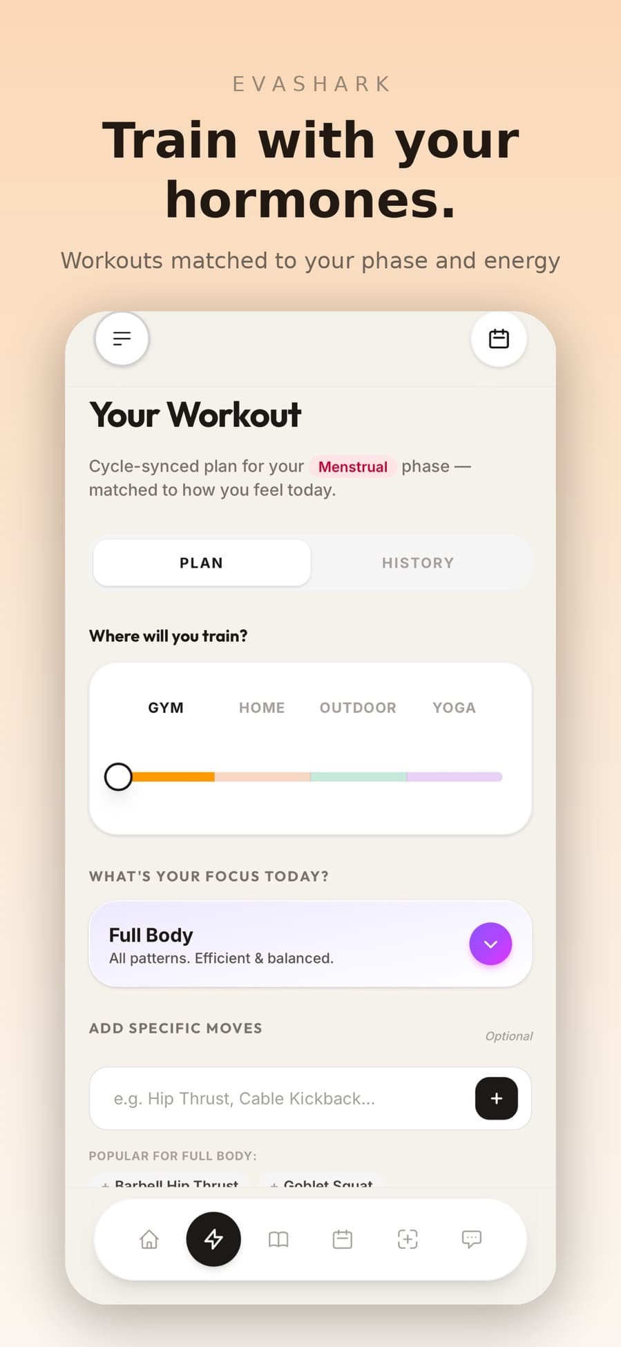 EvaShark cycle-synced workout screen